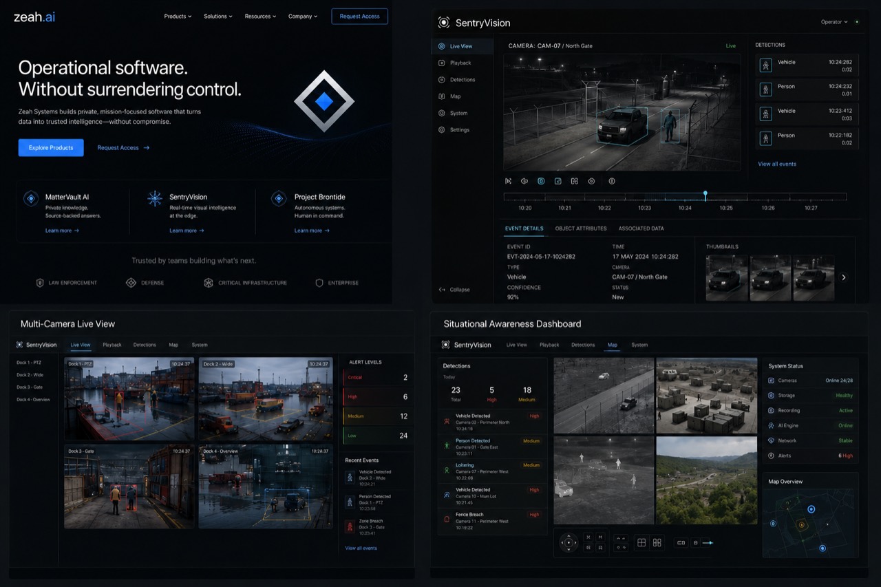 SentryVision multi-camera demonstration view across four monitored areas.